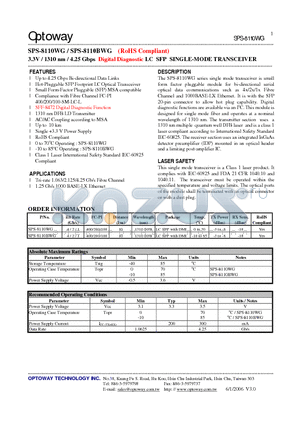 SPS-8110WG datasheet - 3.3V / 1310 nm / 4.25 Gbps Digital Diagnostic LC SFP SINGLE-MODE TRANSCEIVER