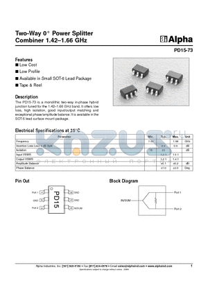 PD15-73 datasheet - Two-Way 0` Power Splitter Combiner 1.42-1.66 GHz