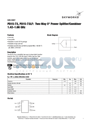 PD15-73 datasheet - Two-Way 0` Power Splitter/Combiner 1.42-1.66 GHz