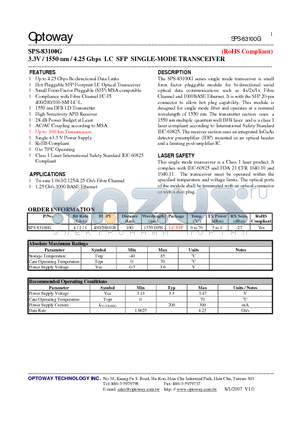 SPS-83100G_07 datasheet - 3.3V / 1550 nm / 4.25 Gbps LC SFP SINGLE-MODE TRANSCEIVER