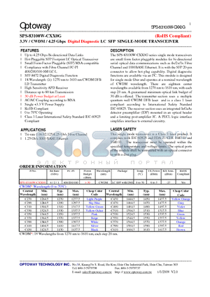 SPS-83100W-CXX0G datasheet - 3.3V / CWDM/ 4.25 Gbps Digital Diagnostic LC SFP SINGLE-MODE TRANSCEIVER