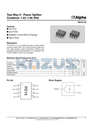 PD15-12 datasheet - Two-Way 0` Power Splitter Combiner 1.42-1.66 GHz