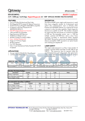 SPS-83100WG datasheet - 3.3V / 1550 nm / 4.25 Gbps Digital Diagnostic LC SFP SINGLE-MODE TRANSCEIVER