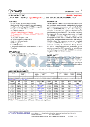 SPS-8340W-CXX0G datasheet - 3.3V / CWDM/ 4.25 Gbps Digital Diagnostic LC SFP SINGLE-MODE TRANSCEIVER