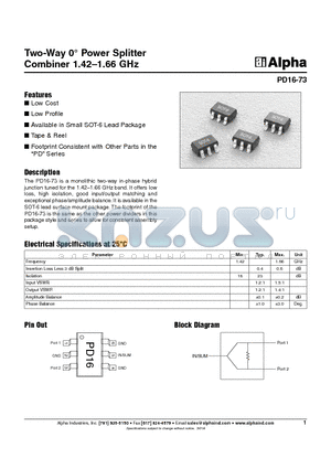 PD16-73 datasheet - Two-Way 0` Power Splitter Combiner 1.42-1.66 GHz