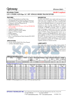 SPS-8340-CXX0G_08 datasheet - 3.3V / CWDM / 4.25 Gbps LC SFP SINGLE-MODE TRANSCEIVER