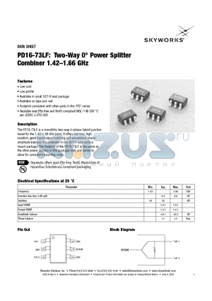 PD16-73LF datasheet - Two-Way Power Splitter Combiner 1.42-1.66 GHz
