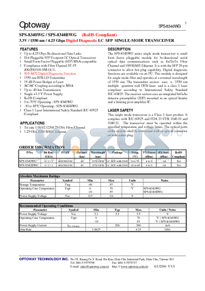 SPS-8340WG datasheet - 3.3V / 1550 nm / 4.25 Gbps Digital Diagnostic LC SFP SINGLE-MODE TRANSCEIVER