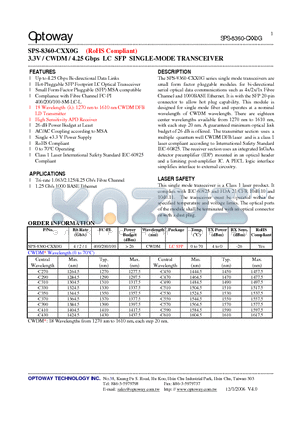 SPS-8360-CXX0G datasheet - 3.3V / CWDM / 4.25 Gbps LC SFP SINGLE-MODE TRANSCEIVER
