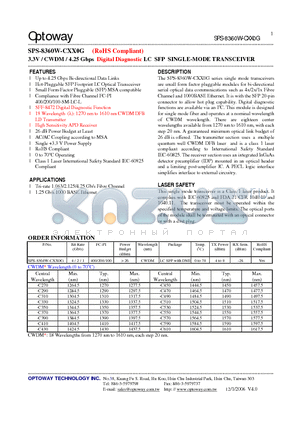 SPS-8360W-C310G datasheet - 3.3V / CWDM / 4.25 Gbps Digital Diagnostic LC SFP SINGLE-MODE TRANSCEIVER