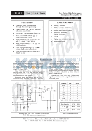 THAT1510 datasheet - Low Noise, High Performance Microphone Preamplifier IC