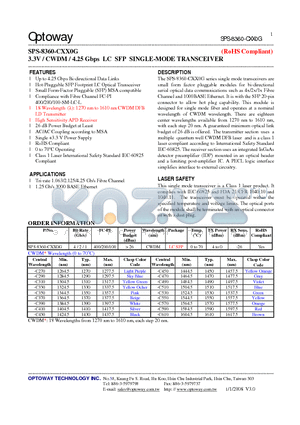 SPS-8360-CXX0G_08 datasheet - 3.3V / CWDM / 4.25 Gbps LC SFP SINGLE-MODE TRANSCEIVER