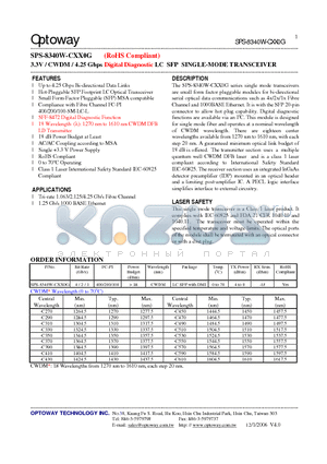 SPS-8340W-CXX0G datasheet - 3.3V / CWDM / 4.25 Gbps Digital Diagnostic LC SFP SINGLE-MODE TRANSCEIVER