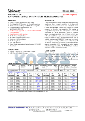 SPS-8360-CXX0G datasheet - 3.3V / CWDM / 4.25 Gbps LC SFP SINGLE-MODE TRANSCEIVER