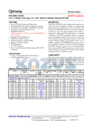 SPS-8380-CXX0G_08 datasheet - 3.3V / CWDM / 4.25 Gbps LC SFP SINGLE-MODE TRANSCEIVER