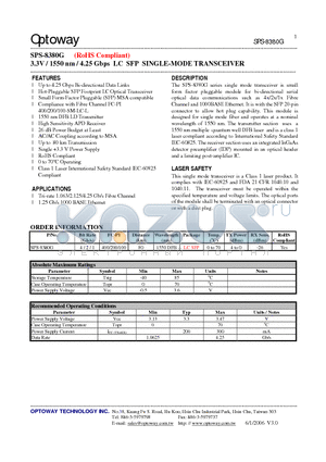 SPS-8380G datasheet - 3.3V / 1550 nm / 4.25 Gbps LC SFP SINGLE-MODE TRANSCEIVER