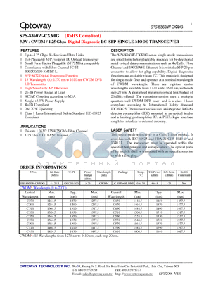 SPS-8360W-CXX0G datasheet - 3.3V / CWDM / 4.25 Gbps Digital Diagnostic LC SFP SINGLE-MODE TRANSCEIVER