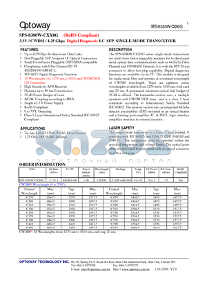 SPS-8380W-CXX0G datasheet - 3.3V / CWDM / 4.25 Gbps Digital Diagnostic LC SFP SINGLE-MODE TRANSCEIVER