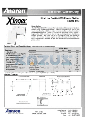 PD1722J5050D2HF datasheet - Ultra Low Profile 0805 Power Divider