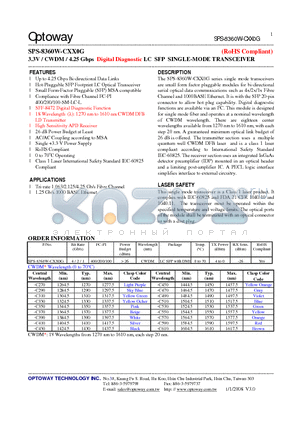 SPS-8360W-CXX0G_08 datasheet - 3.3V / CWDM/ 4.25 Gbps Digital Diagnostic LC SFP SINGLE-MODE TRANSCEIVER