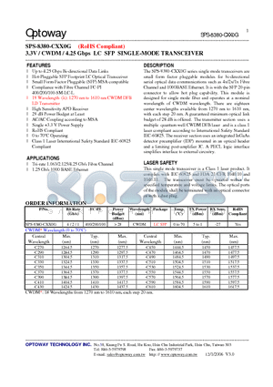 SPS-8380-CXX0G datasheet - 3.3V / CWDM / 4.25 Gbps LC SFP SINGLE-MODE TRANSCEIVER