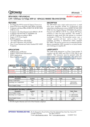 SPS-9102AG datasheet - 3.3V / 1310 nm / 2.5 Gbps SFP LC SINGLE-MODE TRANSCEIVER