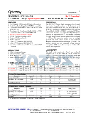 SPS-9102AWG datasheet - 3.3V / 1310 nm / 2.5 Gbps Digital Diagnostic SFP LC SINGLE-MODE TRANSCEIVER