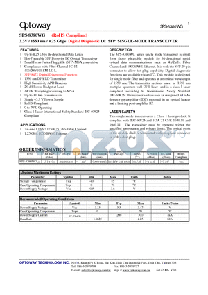 SPS-8380WG datasheet - 3.3V / 1550 nm / 4.25 Gbps Digital Diagnostic LC SFP SINGLE-MODE TRANSCEIVER