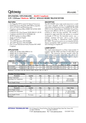 SPS-9102AMG datasheet - 3.3V / 1310 nm / Multirate SFP LC SINGLE-MODE TRANSCEIVER