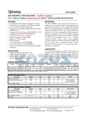 SPS-9102AMWG datasheet - 3.3V / 1310 nm / Multirate Digital Diagnostic SFP LC SINGLE-MODE TRANSCEIVER