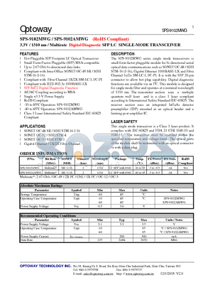 SPS-9102MWG datasheet - 3.3V / 1310 nm / Multirate Digital Diagnostic SFP LC SINGLE-MODE TRANSCEIVER