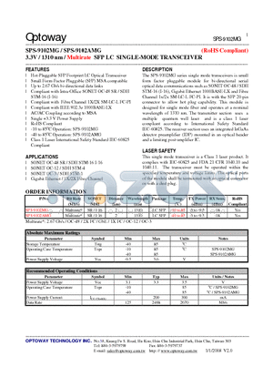 SPS-9102MG datasheet - 3.3V / 1310 nm / Multirate SFP LC SINGLE-MODE TRANSCEIVER