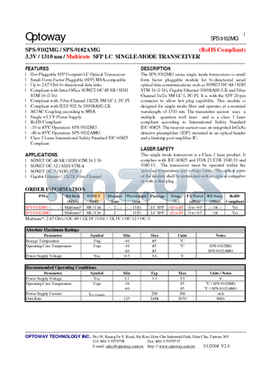 SPS-9102MG_08 datasheet - 3.3V / 1310 nm / Multirate SFP LC SINGLE-MODE TRANSCEIVER