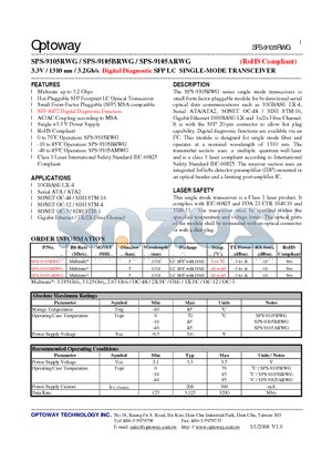 SPS-9105ARWG datasheet - 3.3V / 1310 nm / 3.2Gb/s Digital Diagnostic SFP LC SINGLE-MODE TRANSCEIVER