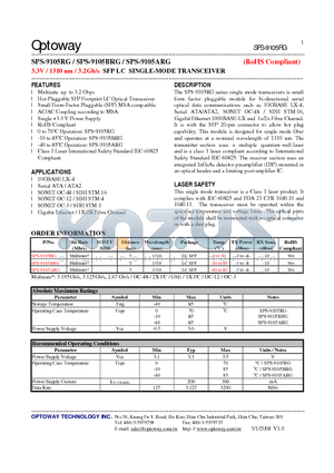 SPS-9105ARG datasheet - 3.3V / 1310 nm / 3.2Gb/s SFP LC SINGLE-MODE TRANSCEIVER