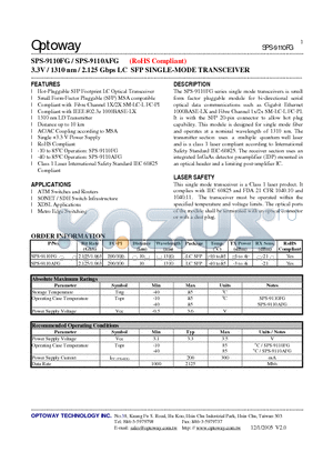 SPS-9110AFG datasheet - 3.3V / 1310 nm / 2.125 Gbps LC SFP SINGLE-MODE TRANSCEIVER