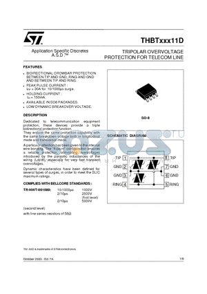 THBT15011D datasheet - TRIPOLAR OVERVOLTAGE PROTECTION FOR TELECOM LINE