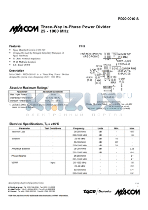 PD20-0010-S datasheet - Three-Way In-Phase Power Divider 25 - 1000 MHz