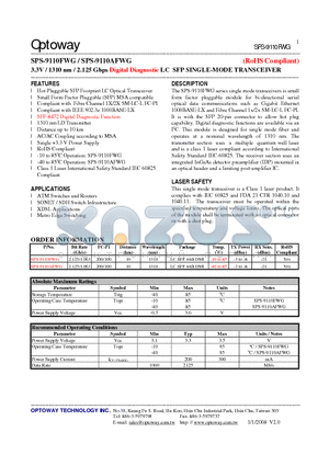 SPS-9110AFWG datasheet - 3.3V / 1310 nm / 2.125 Gbps Digital Diagnostic LC SFP SINGLE-MODE TRANSCEIVER