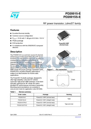 PD20015STR-E datasheet - RF power transistor, LdmoST family