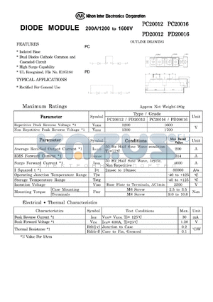 PD20016 datasheet - DIODE MODULE 200A/1200 to 1600V