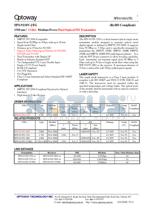 SPS-9110V-2TG datasheet - 1310 nm / 3 Gb/s Medium Power Dual Optical SM Transmitter