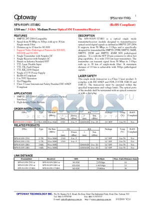 SPS-9110V-1T1RG datasheet - 1310 nm / 3 Gb/s Medium Power Optical SMTransmitter/Receiver