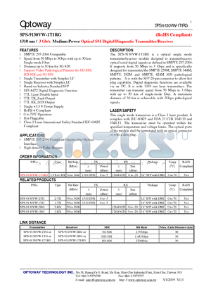 SPS-9110VW-1RG datasheet - 1310 nm / 3 Gb/s Medium Power Optical SMDigital Diagnostic Transmitter/Receiver