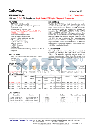 SPS-9110VW-1RG datasheet - 1310 nm / 3 Gb/s Medium Power Single Optical SMDigital Diagnostic Transmitter