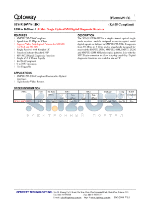 SPS-9110VW-1RG datasheet - 1260 to 1620 nm / 3 Gb/s Single Optical SM Digital Diagnostic Receiver