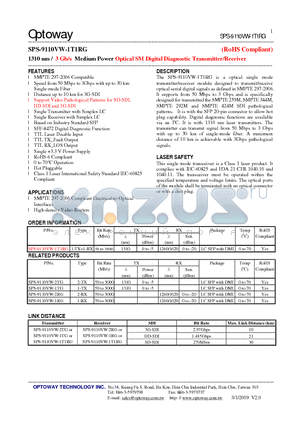 SPS-9110VW-1T1RG datasheet - 1310 nm / 3 Gb/s Medium Power Optical SMDigital Diagnostic Transmitter/Receiver