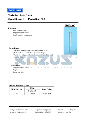 PD204-6C datasheet - 3mm Silicon PIN Photodiode T-1