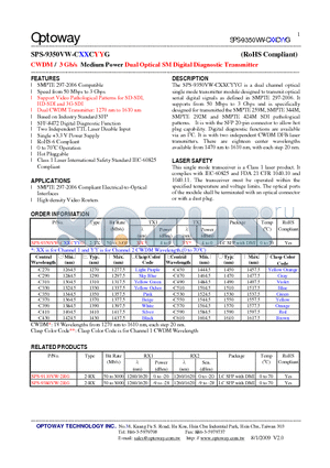 SPS-9110VW-2RG datasheet - CWDM / 3 Gb/s Medium Power Dual Optical SMDigital Diagnostic Transmitter