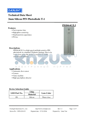 PD204-6C/L3 datasheet - 3mm Silicon PIN Photodiode T-1